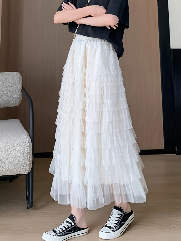 Elastic High Waist Tiered Skirt, Elegant Chiffon A-line Skirt For Spring & Summer, Women's Clothing