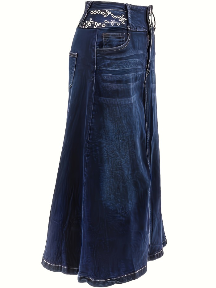 Women's Plus Size Casual Blue Stretchy Plants Graphic Denim A-Line Midi Skirt With Whiskers And Single-breasted Button Detail - Versatile Jean Skirt For Ladies For Autumn