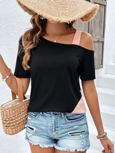 Colorblock Crew Neck T-Shirt, Casual One Side Cold Shoulder T-shirt For Spring & Summer, Women's Clothing