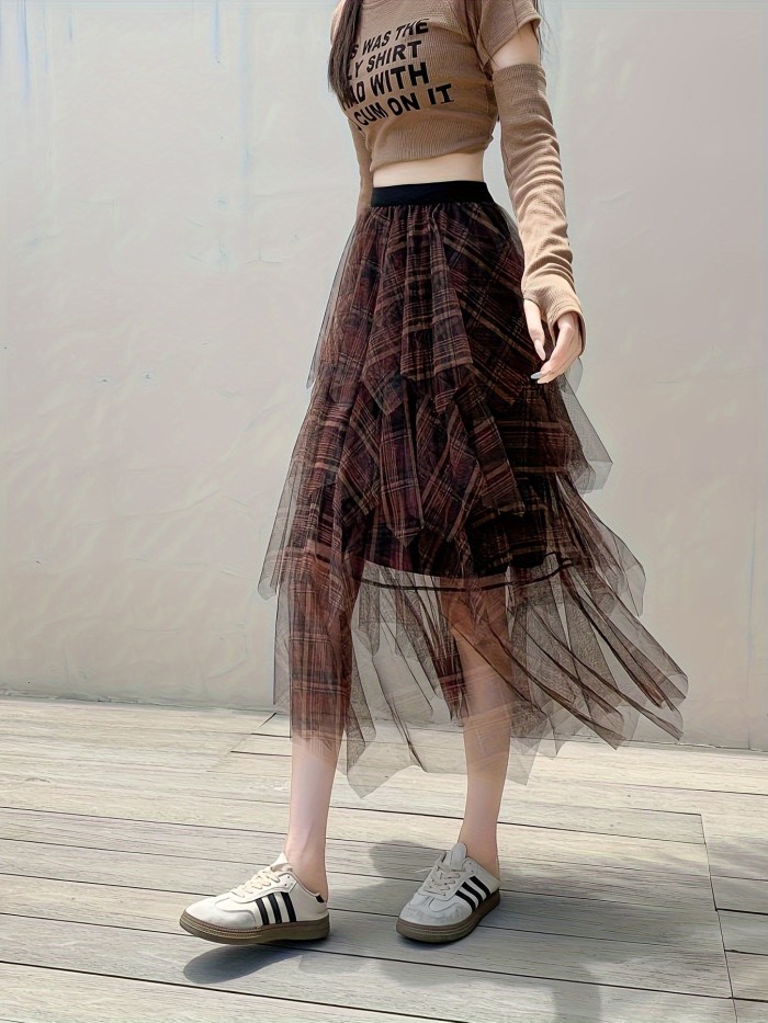 Layered Asymmetrical Hem Skirt, Stylish High Waist Midi Plaid Mesh Skirt For Summer & Spring, Women's Clothing