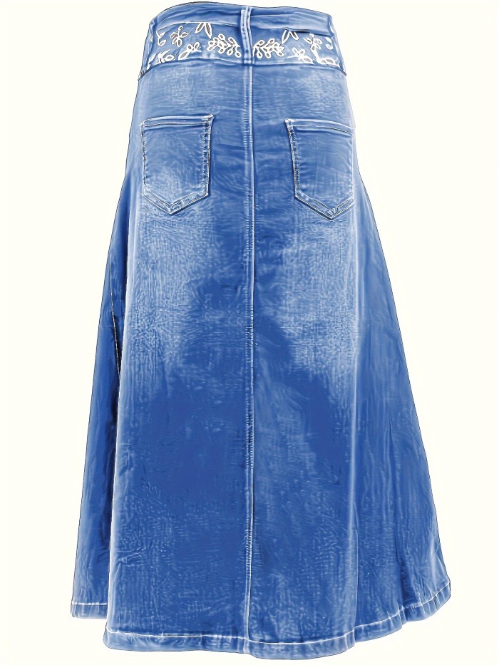 Women's Plus Size Casual Blue Stretchy Plants Graphic Denim A-Line Midi Skirt With Whiskers And Single-breasted Button Detail - Versatile Jean Skirt For Ladies For Autumn