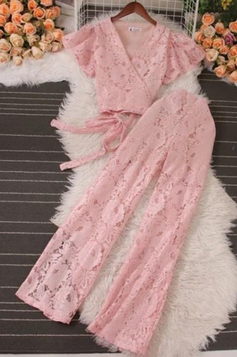 Hollow Pant Sets for Women Ruffle Lace Hook Flower Bandage Short Tops + High Waist Wide Leg Pants Sheer Female Suit New