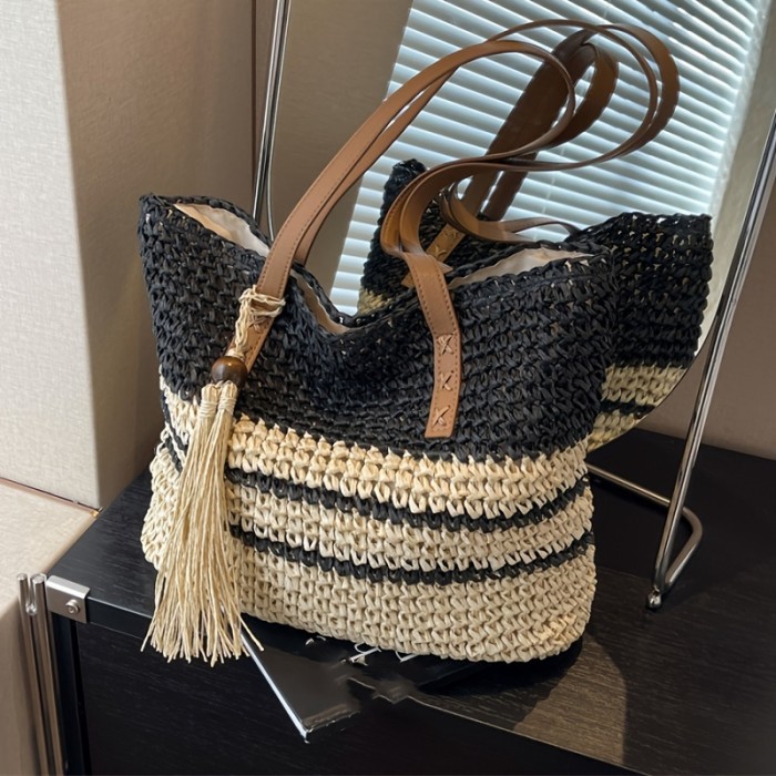 Large Woven Straw Tote Bag For Women, Fashionable Shoulder Bucket Bag With Tassel, Spacious Beach Bag For Casual Outfit, Contrast Stripe Design