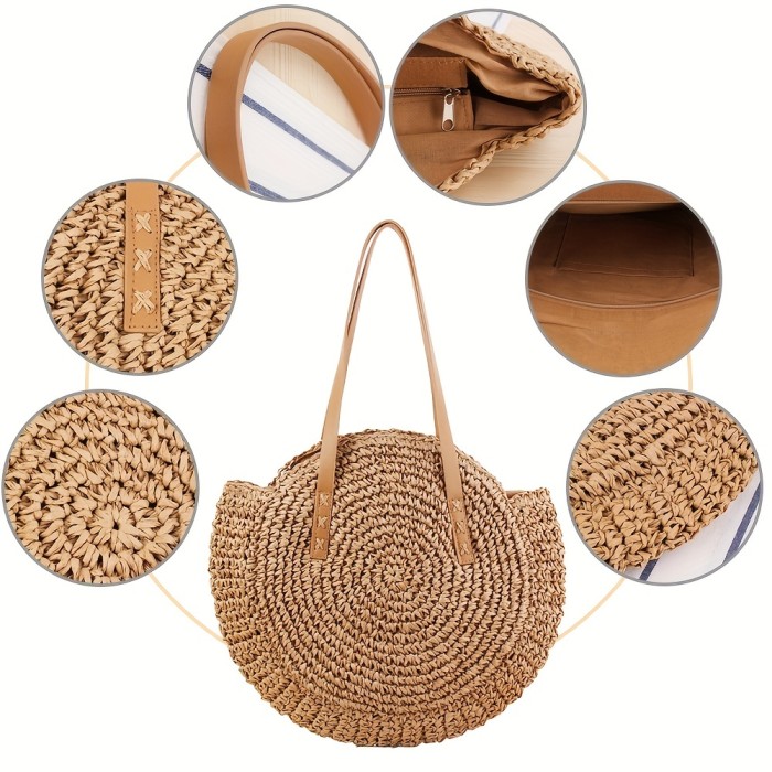 Large Round Hollow-Out Straw Handbag - Fashionable Woven Beach Tote with Spacious Interior, Adjustable Shoulder Strap, and Stylish Design - Perfect for Summer Vacation, Beach Trips, and Outdoor Activities