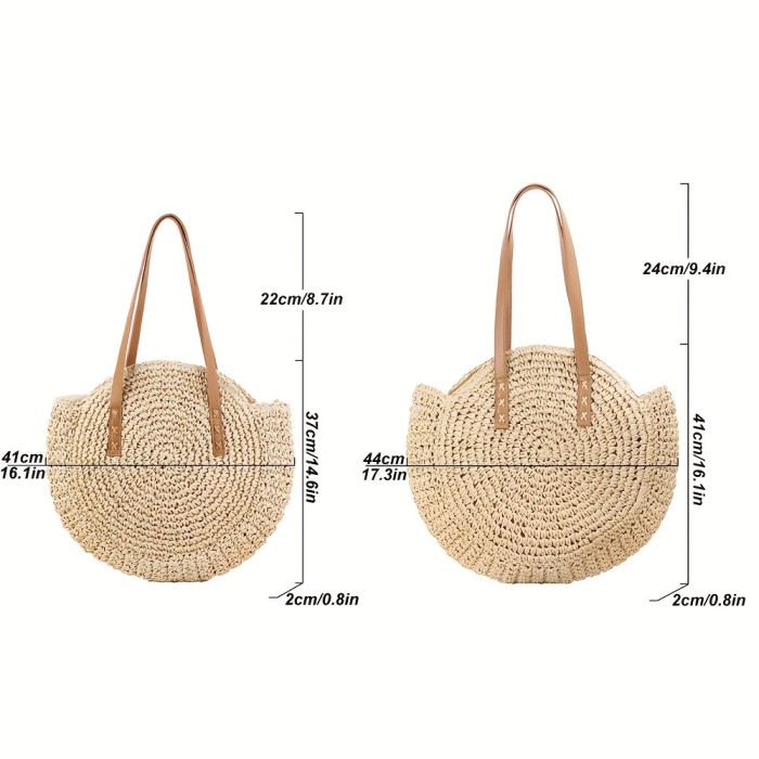Large Round Hollow-Out Straw Handbag - Fashionable Woven Beach Tote with Spacious Interior, Adjustable Shoulder Strap, and Stylish Design - Perfect for Summer Vacation, Beach Trips, and Outdoor Activities