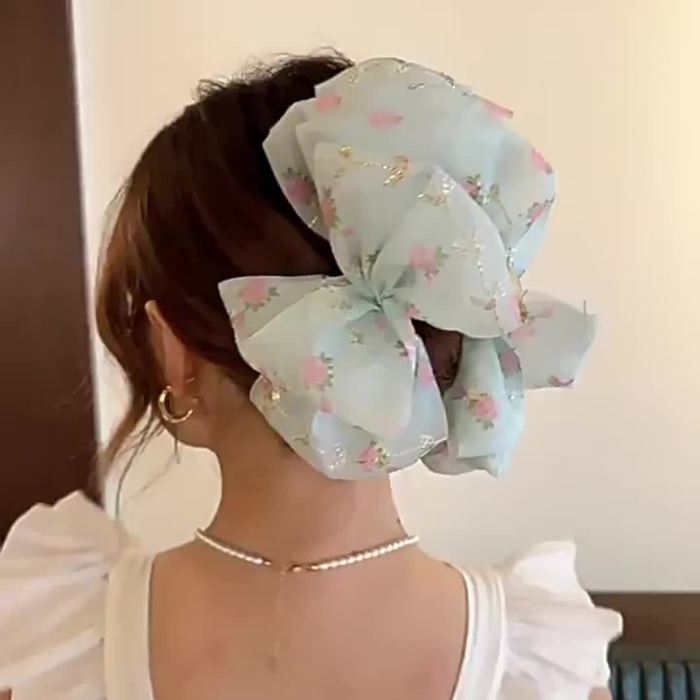 Elegant Flower Mesh Bowknot Decorative Hair Claw Clip Large Vintage Hair Grab Clip Ponytail Holder For Women And Daily Use