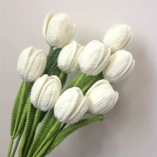 6pcs Fake Tulips Artificial Flower Bouquet for Decoration, Tulip Crochet Flowers Bouquet for Table Decor, Handmade Knitted Tulip Flower with Stem & Leaf, Tulip Forever Flower Spring Decor Mother's Day Gift