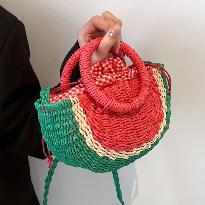 Vibrant Colorblock Woven Straw Beach Bag - Durable, Water-Resistant, and Spacious Crossbody Bag for Summer Vacation, Travel, and Daily Use - Handmade, Unique Design, and Perfect for Watermelon Lovers