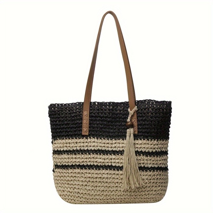Large Woven Straw Tote Bag For Women, Fashionable Shoulder Bucket Bag With Tassel, Spacious Beach Bag For Casual Outfit, Contrast Stripe Design