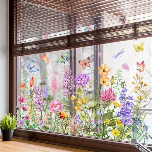 Reusable Butterfly & Wildflower Window Clings - Double-Sided, Waterproof Pvc Decals For Home And Office Decor