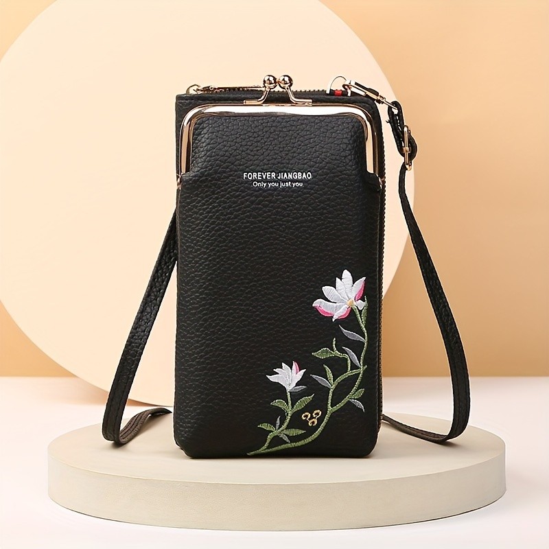 Floral Embroidered Cellphone Bag, Mini Fashion Crossbody Bag, Women's Casual Handbag, Card Holder & Purse Wallet