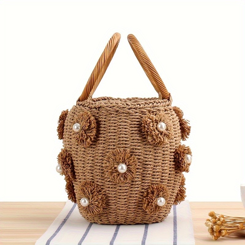Mini Straw Woven Flower Pearl Bucket Tote Handbag, Lightweight Round Handle Satchel Bag With Drawstring Inner Bag, Exquisite Personality Summer Beach Bag