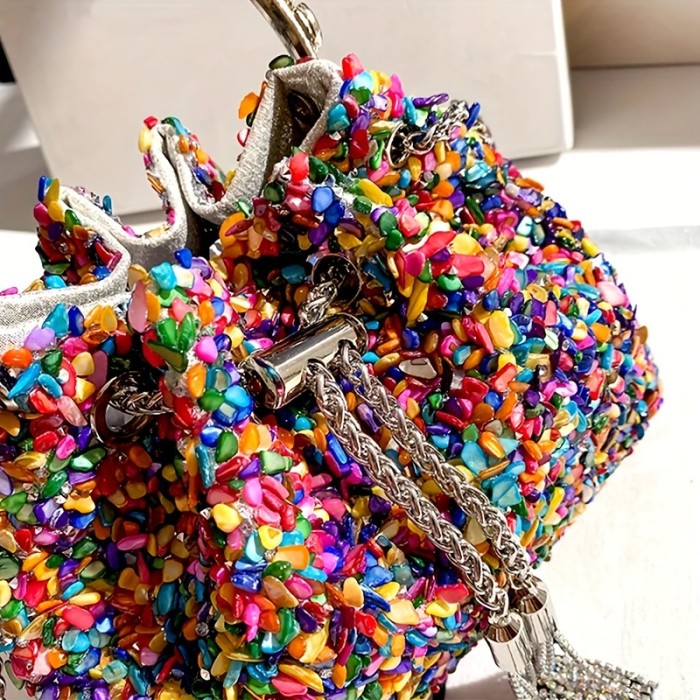 Mini Colorful Drawstring Bucket Bag - Trendy Crossbody Purse with Chain Strap, Luxury Fabric, and Spacious Interior - Perfect for Carnival, Mardi Gras, Music Festivals, and Everyday Use