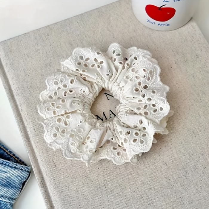 Elegant Lace Flower Hair Scrunchies, Fabric Hollow Floral Hair Ties for Women, Cute Retro Korean Style Hair Ring, Versatile Hair Accessories - Single Piece