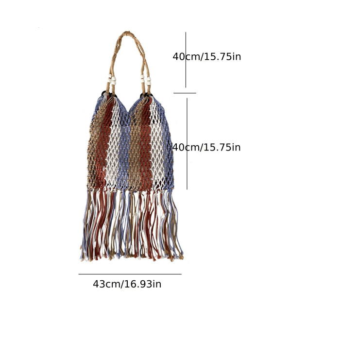 Colorblock Crochet Bag, Women Straw Shoulder Bag, Bohemian Tassel Hollow Out Beach Bag