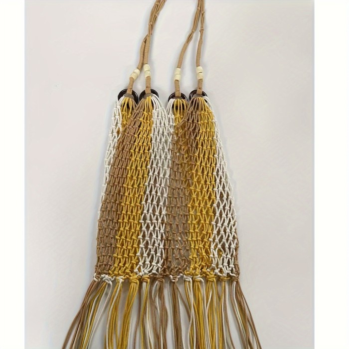 Colorblock Crochet Bag, Women Straw Shoulder Bag, Bohemian Tassel Hollow Out Beach Bag