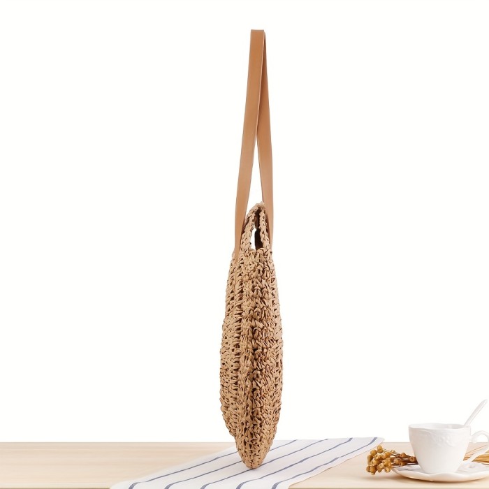 Large Round Hollow-Out Straw Handbag - Fashionable Woven Beach Tote with Spacious Interior, Adjustable Shoulder Strap, and Stylish Design - Perfect for Summer Vacation, Beach Trips, and Outdoor Activities