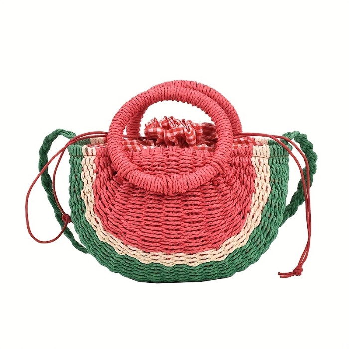 Vibrant Colorblock Woven Straw Beach Bag - Durable, Water-Resistant, and Spacious Crossbody Bag for Summer Vacation, Travel, and Daily Use - Handmade, Unique Design, and Perfect for Watermelon Lovers