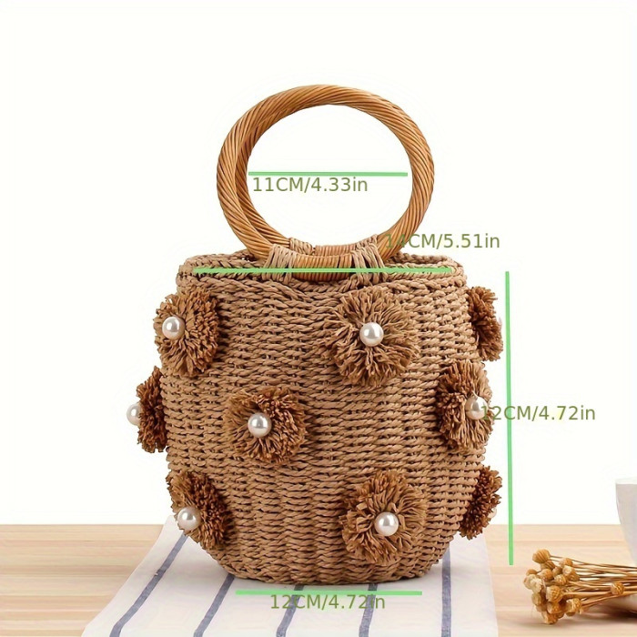 Mini Straw Woven Flower Pearl Bucket Tote Handbag, Lightweight Round Handle Satchel Bag With Drawstring Inner Bag, Exquisite Personality Summer Beach Bag