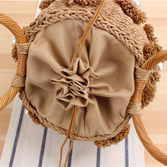 Mini Straw Woven Flower Pearl Bucket Tote Handbag, Lightweight Round Handle Satchel Bag With Drawstring Inner Bag, Exquisite Personality Summer Beach Bag