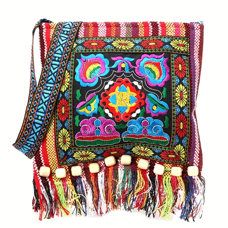 Ethnic Style Embroidered Bag, Tassel Decor Crossbody Bag, Boho Shoulder Bag For Women