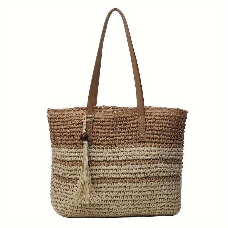 Large Woven Straw Tote Bag For Women, Fashionable Shoulder Bucket Bag With Tassel, Spacious Beach Bag For Casual Outfit, Contrast Stripe Design
