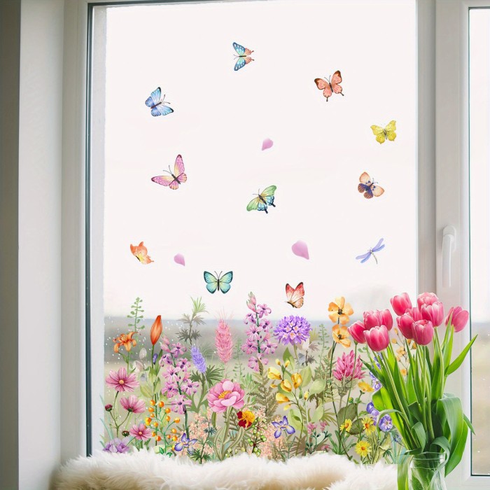 Reusable Butterfly & Wildflower Window Clings - Double-Sided, Waterproof Pvc Decals For Home And Office Decor