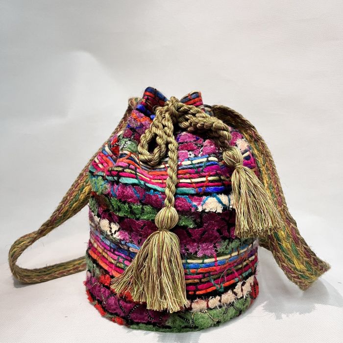 Bohemian Woven Crossbody Bag Color Contrast Bucket Bag, Ethnic Style Drawstring Purse With Tassel