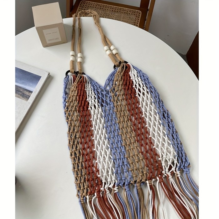Colorblock Crochet Bag, Women Straw Shoulder Bag, Bohemian Tassel Hollow Out Beach Bag