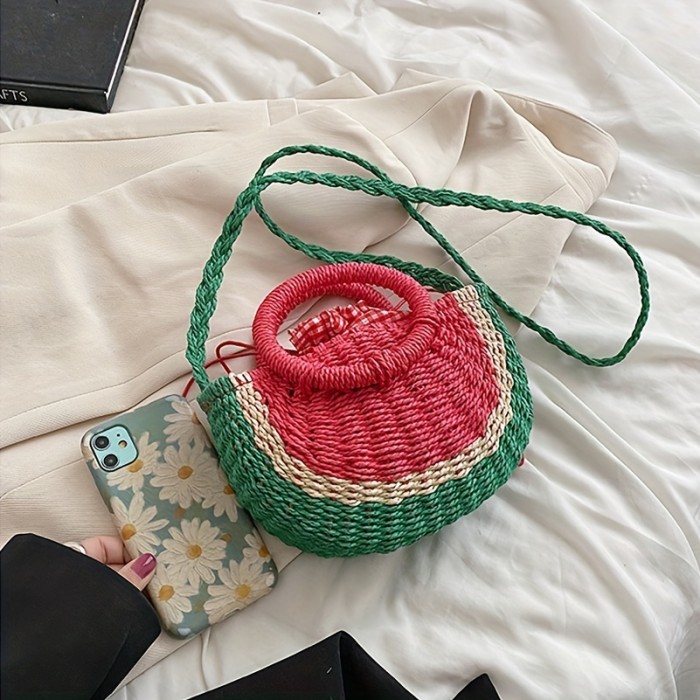 Vibrant Colorblock Woven Straw Beach Bag - Durable, Water-Resistant, and Spacious Crossbody Bag for Summer Vacation, Travel, and Daily Use - Handmade, Unique Design, and Perfect for Watermelon Lovers
