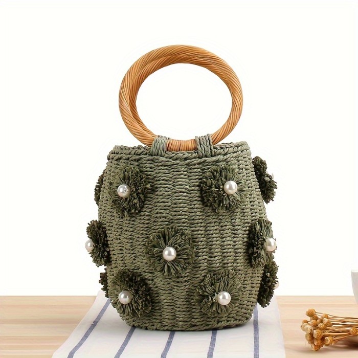 Mini Straw Woven Flower Pearl Bucket Tote Handbag, Lightweight Round Handle Satchel Bag With Drawstring Inner Bag, Exquisite Personality Summer Beach Bag