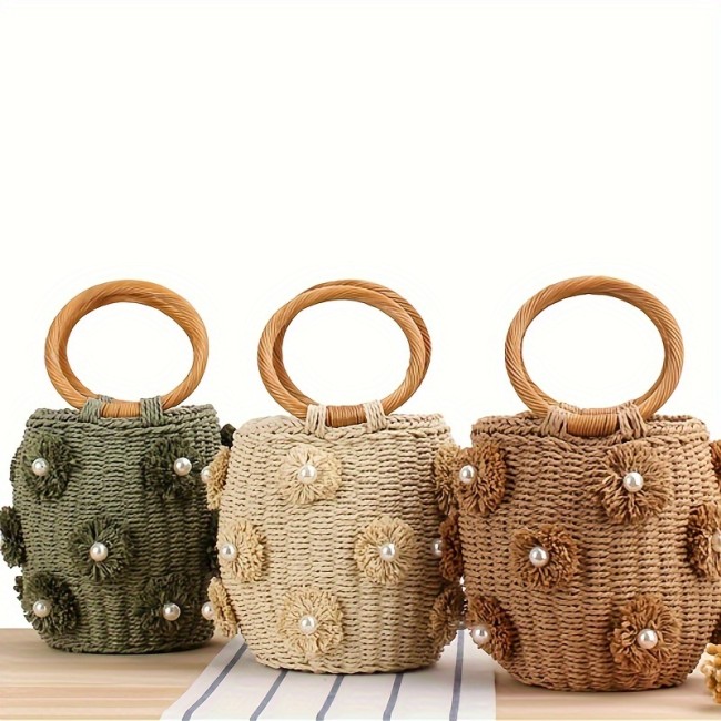 Mini Straw Woven Flower Pearl Bucket Tote Handbag, Lightweight Round Handle Satchel Bag With Drawstring Inner Bag, Exquisite Personality Summer Beach Bag