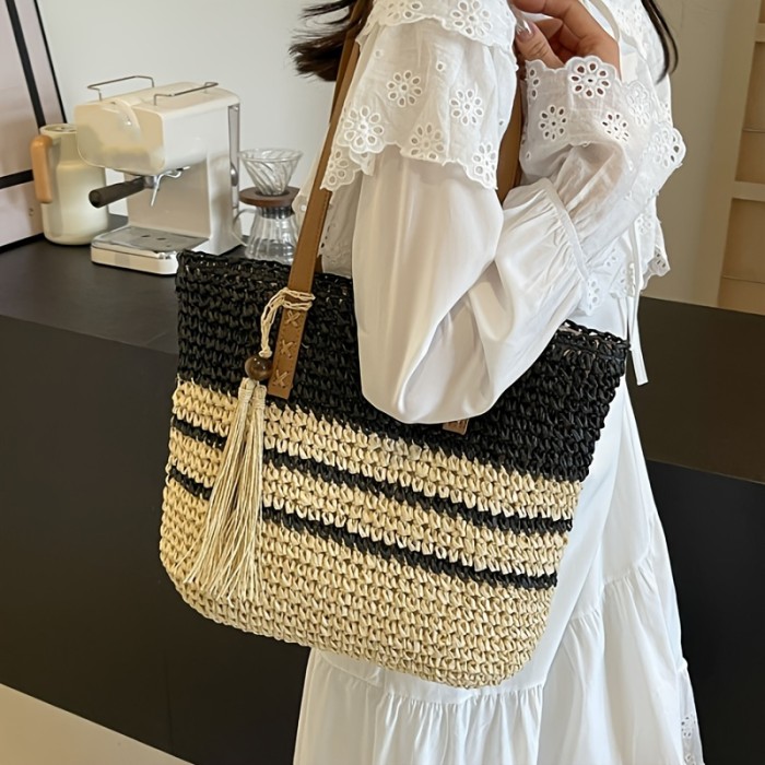 Large Woven Straw Tote Bag For Women, Fashionable Shoulder Bucket Bag With Tassel, Spacious Beach Bag For Casual Outfit, Contrast Stripe Design