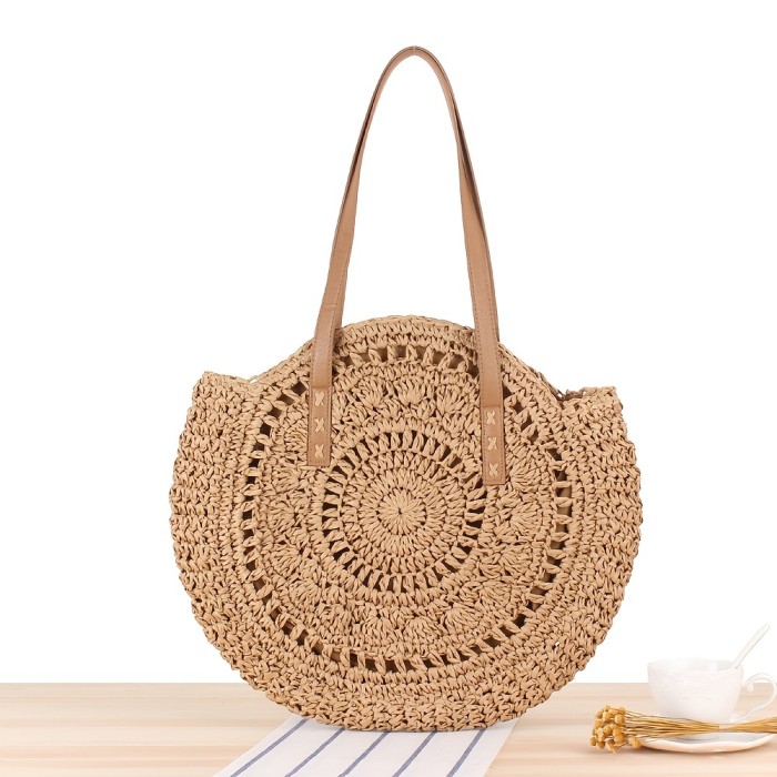 Large Round Hollow-Out Straw Handbag - Fashionable Woven Beach Tote with Spacious Interior, Adjustable Shoulder Strap, and Stylish Design - Perfect for Summer Vacation, Beach Trips, and Outdoor Activities