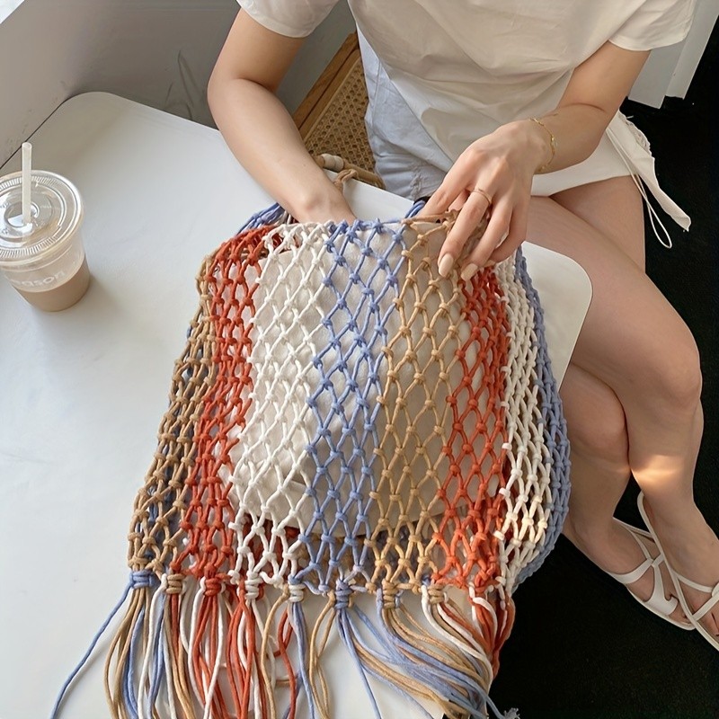 Colorblock Crochet Bag, Women Straw Shoulder Bag, Bohemian Tassel Hollow Out Beach Bag