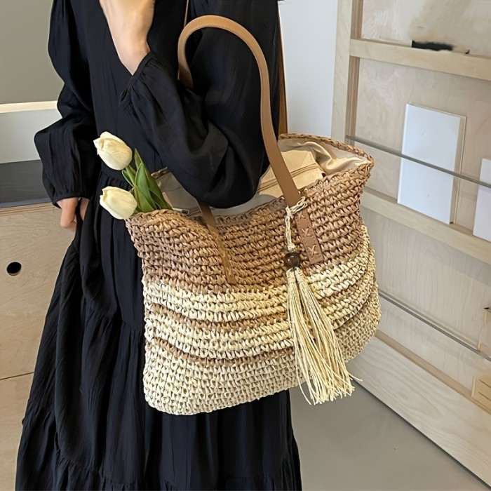 Large Woven Straw Tote Bag For Women, Fashionable Shoulder Bucket Bag With Tassel, Spacious Beach Bag For Casual Outfit, Contrast Stripe Design