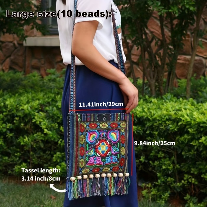 Ethnic Style Embroidered Bag, Tassel Decor Crossbody Bag, Boho Shoulder Bag For Women