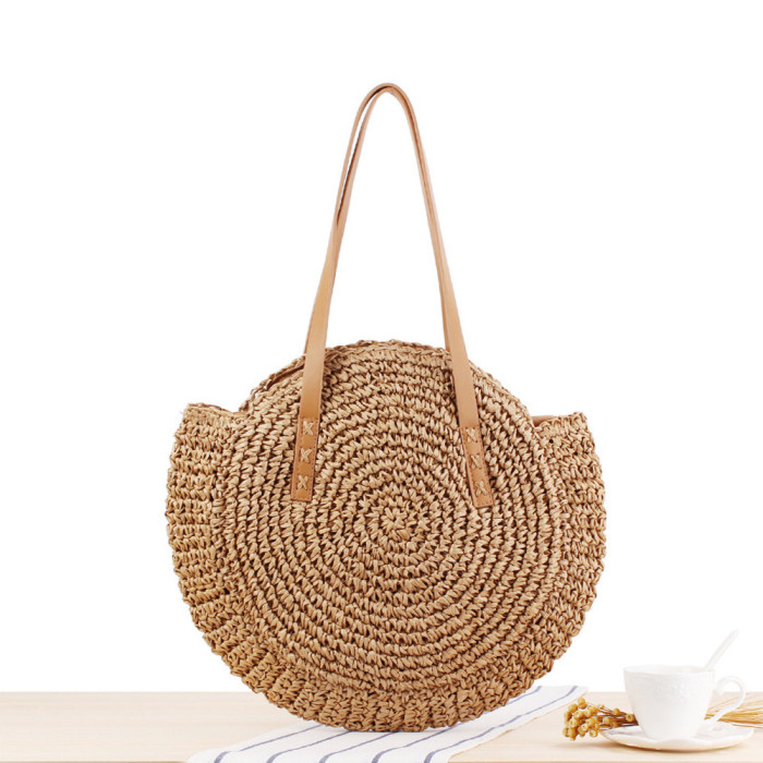 Large Round Hollow-Out Straw Handbag - Fashionable Woven Beach Tote with Spacious Interior, Adjustable Shoulder Strap, and Stylish Design - Perfect for Summer Vacation, Beach Trips, and Outdoor Activities
