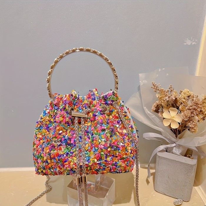 Mini Colorful Drawstring Bucket Bag - Trendy Crossbody Purse with Chain Strap, Luxury Fabric, and Spacious Interior - Perfect for Carnival, Mardi Gras, Music Festivals, and Everyday Use