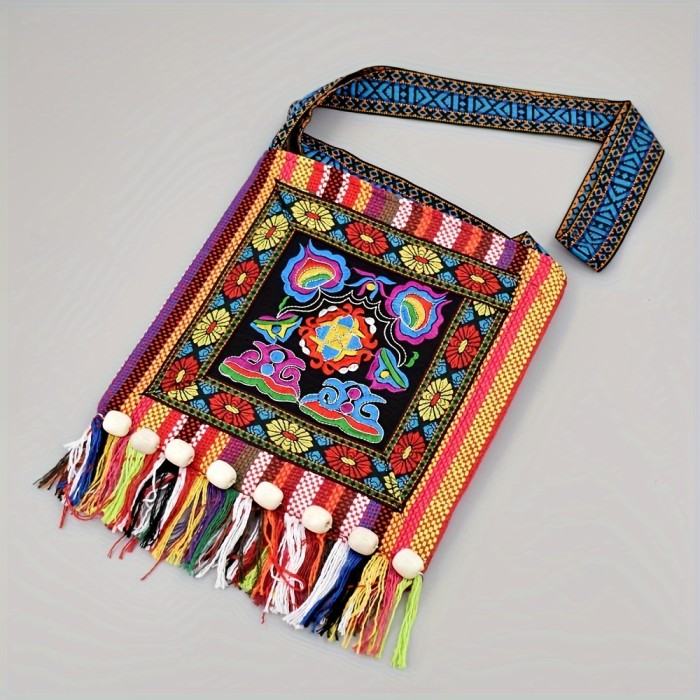 Ethnic Style Embroidered Bag, Tassel Decor Crossbody Bag, Boho Shoulder Bag For Women