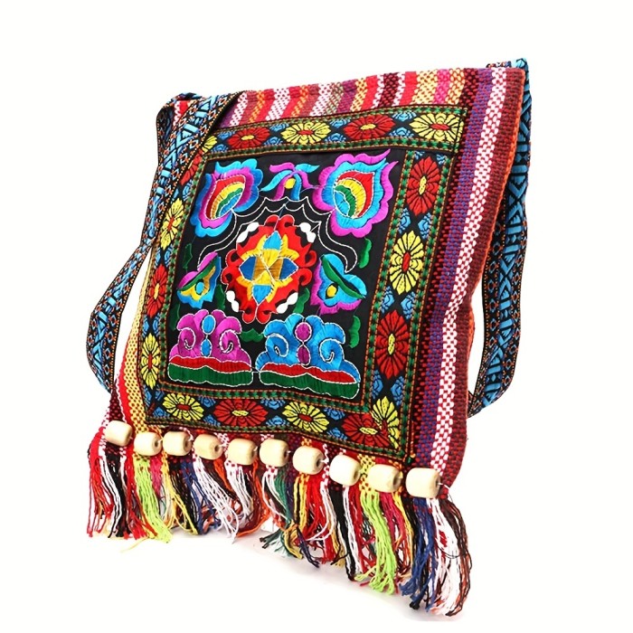 Ethnic Style Embroidered Bag, Tassel Decor Crossbody Bag, Boho Shoulder Bag For Women