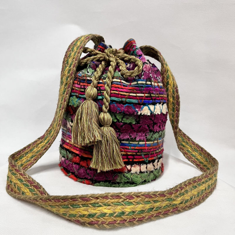 Bohemian Woven Crossbody Bag Color Contrast Bucket Bag, Ethnic Style Drawstring Purse With Tassel