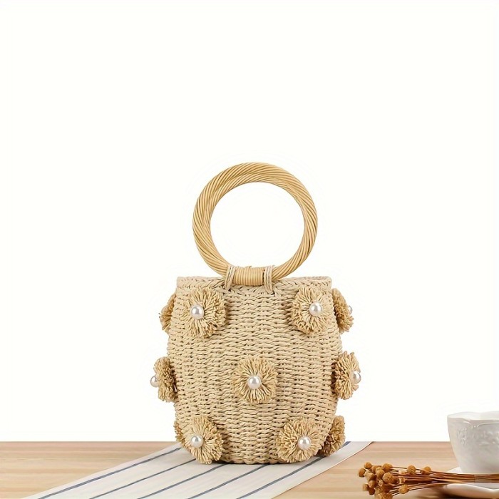 Mini Straw Woven Flower Pearl Bucket Tote Handbag, Lightweight Round Handle Satchel Bag With Drawstring Inner Bag, Exquisite Personality Summer Beach Bag