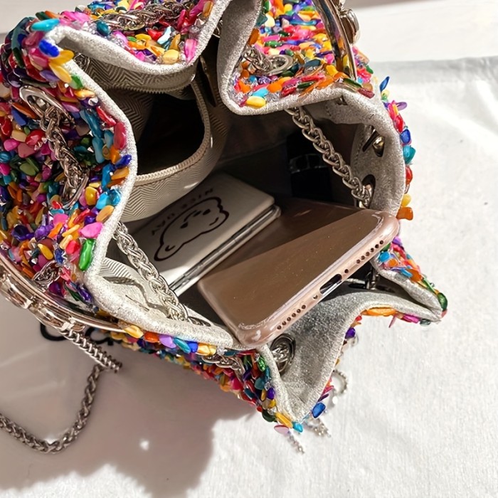 Mini Colorful Drawstring Bucket Bag - Trendy Crossbody Purse with Chain Strap, Luxury Fabric, and Spacious Interior - Perfect for Carnival, Mardi Gras, Music Festivals, and Everyday Use