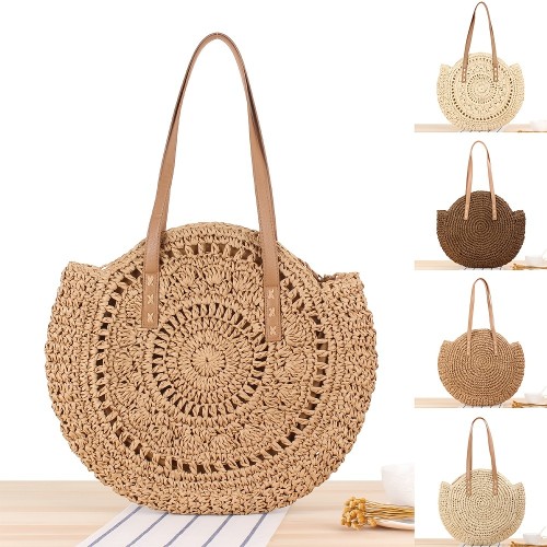 Large Round Hollow-Out Straw Handbag - Fashionable Woven Beach Tote with Spacious Interior, Adjustable Shoulder Strap, and Stylish Design - Perfect for Summer Vacation, Beach Trips, and Outdoor Activities