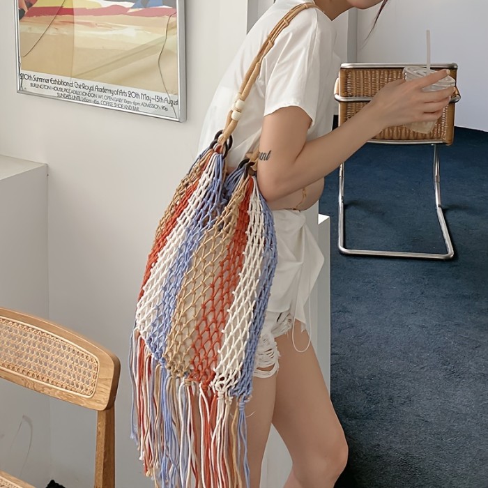 Colorblock Crochet Bag, Women Straw Shoulder Bag, Bohemian Tassel Hollow Out Beach Bag