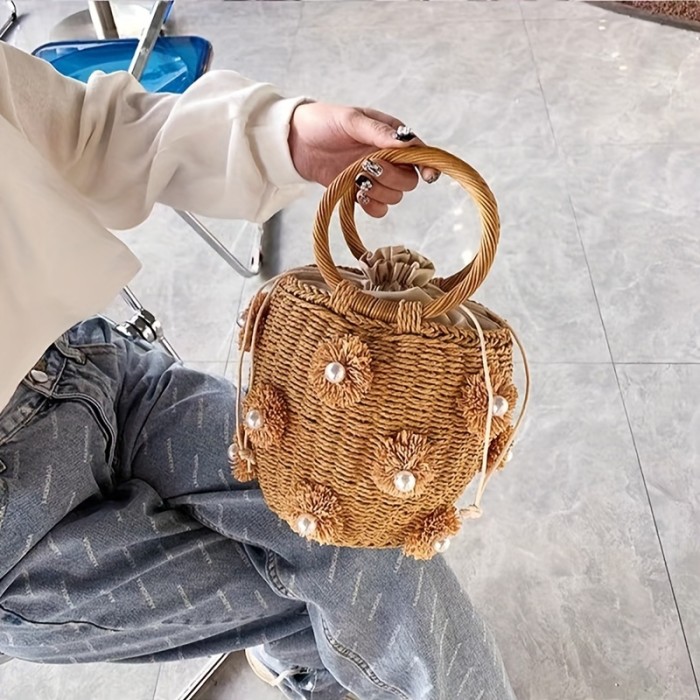 Mini Straw Woven Flower Pearl Bucket Tote Handbag, Lightweight Round Handle Satchel Bag With Drawstring Inner Bag, Exquisite Personality Summer Beach Bag