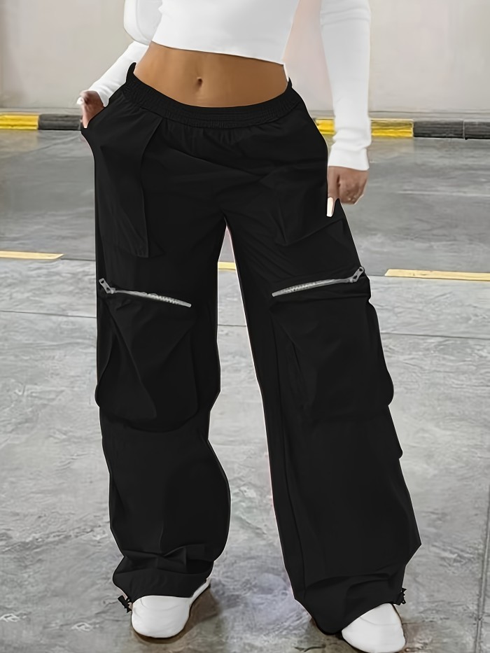 Plus Size Casual Solid Pants, Women's Plus Elastic High Rise Medium Stretch Wide Leg Cargo Trousers With Pockets