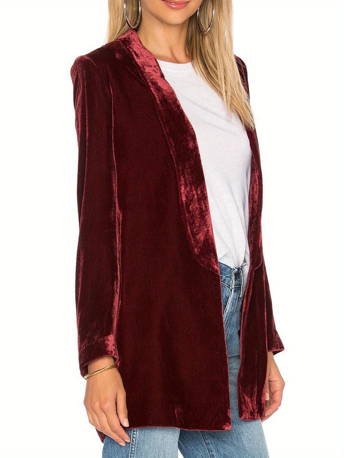 Women Casual Pleuche Blazer, Adults Open Front Solid Color Long Sleeve Lapel Suit Jacket