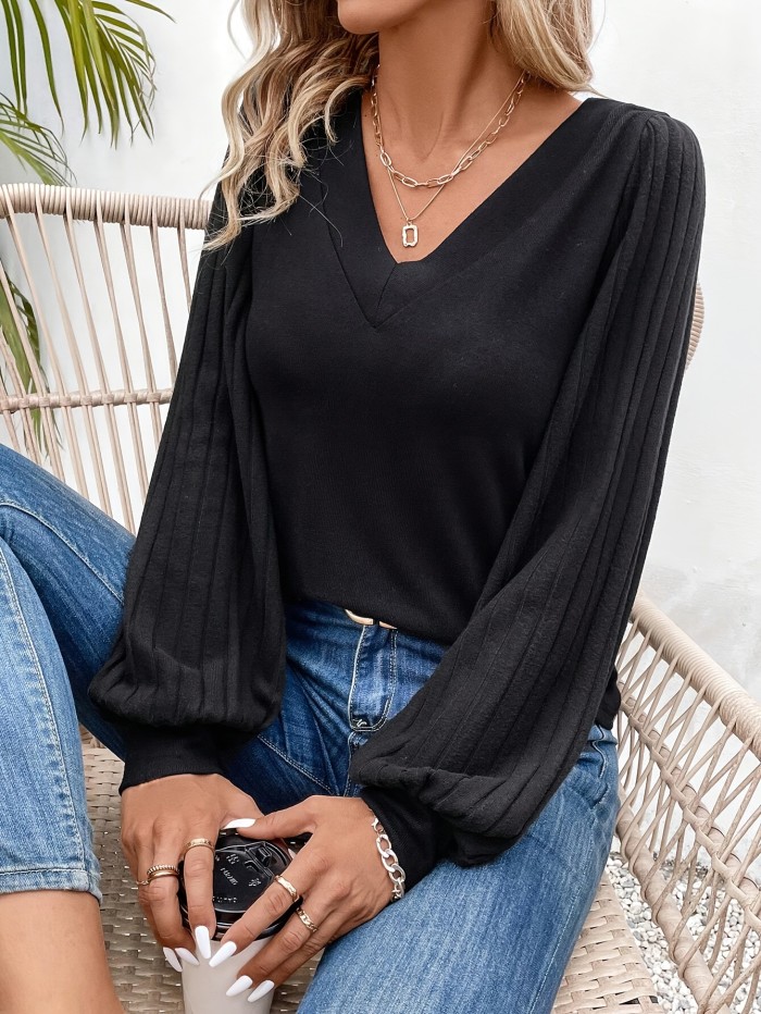 Solid Color V Neck Ribbed T-Shirt, Casual Lantern Sleeve T-Shirt For Spring & Fall, Women's Clothing